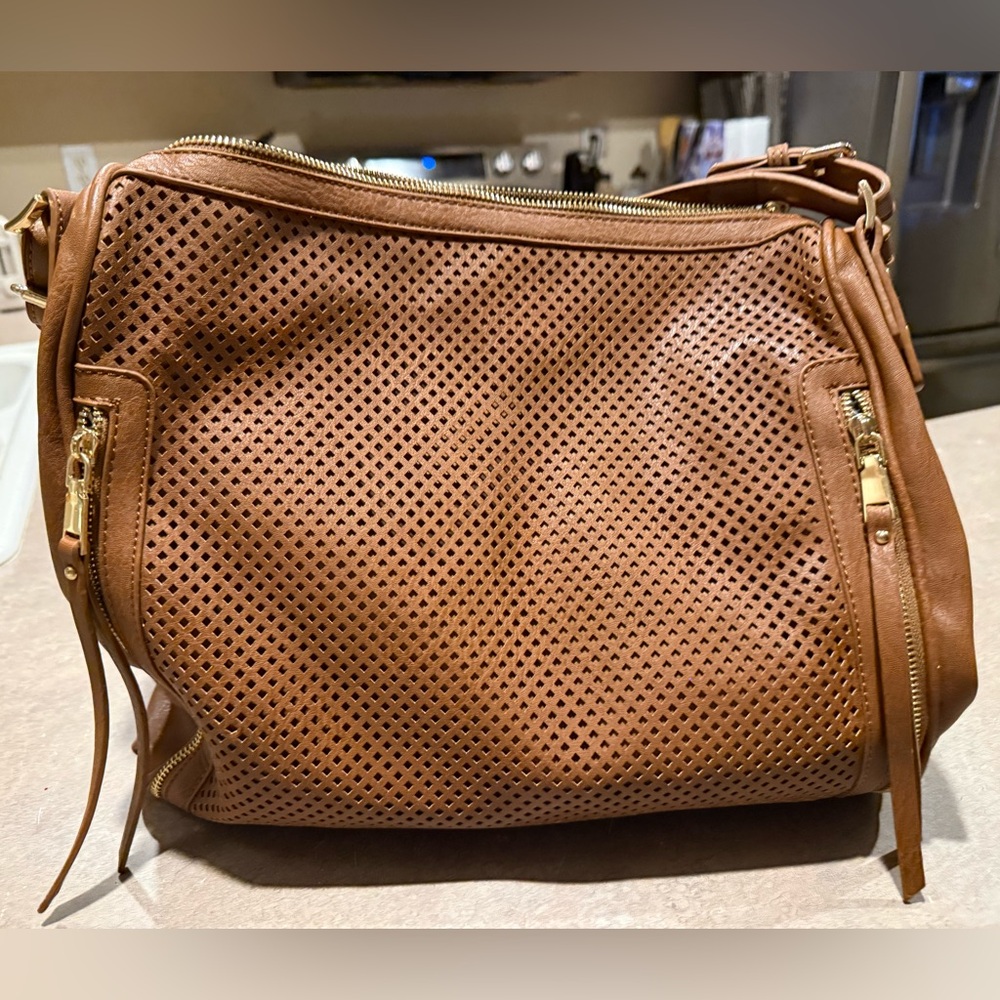 Madison West Tan Perforated Shoulder Bag